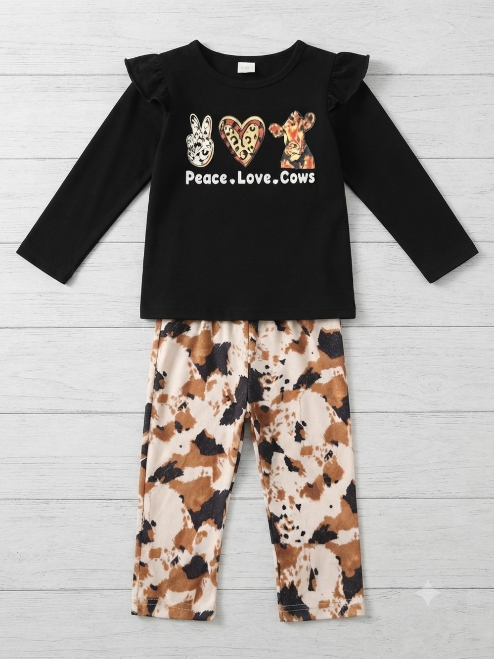 Girls' Black Peace Love Cows Pajama Set with Cream and Brown Cow-Print Pants
